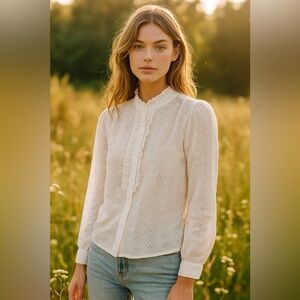 VINTAGE Ruffle Button-Up Romantic Eyelet Top S/M Cottagecore